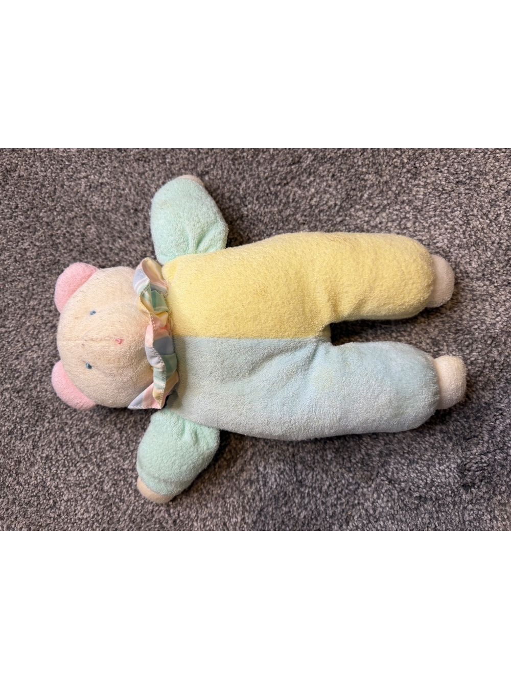Vintage Eden Toys Plush Bear Doll with Pastel Color Block Outfit and Ruffle Neck